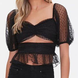 FOREVER 21 Cutout Polka Dot Mesh Top - Black